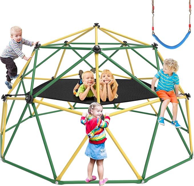 Climbing Dome, 10FT Dome Climber with Hammock for Kids 3 to 10 Outdoor Play Equipment, Supports up to 1000lbs Jungle Gym, Anti-Rust, Easy Assembly, Yellow+Green